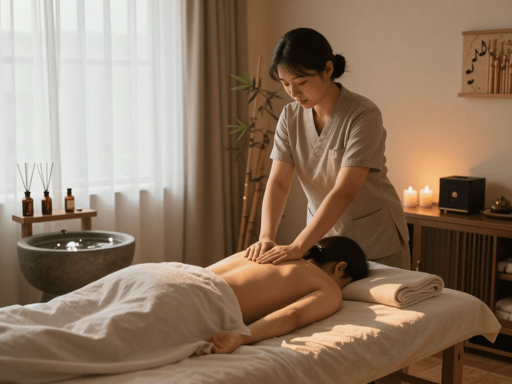 강동구출장마사지 in a calming therapy room with soft lighting and essential oils.