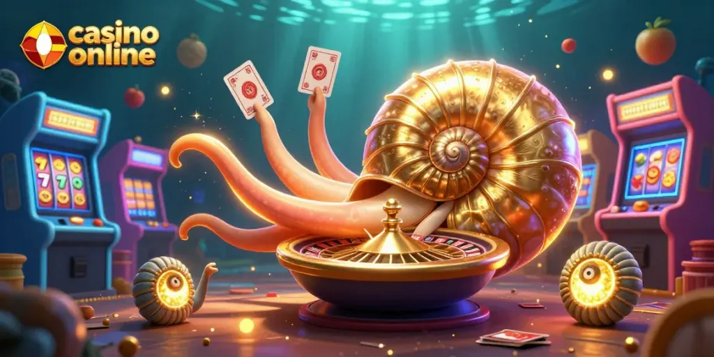 Imágenes de casino online en una ilustración 3D vibrante, mostrando un nautilus y símbolos de juego.