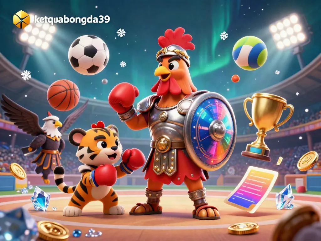 Engage in thrilling sports betting action with ketquabongda39, featuring a 3D gladiator rooster amidst dynamic sports elements.