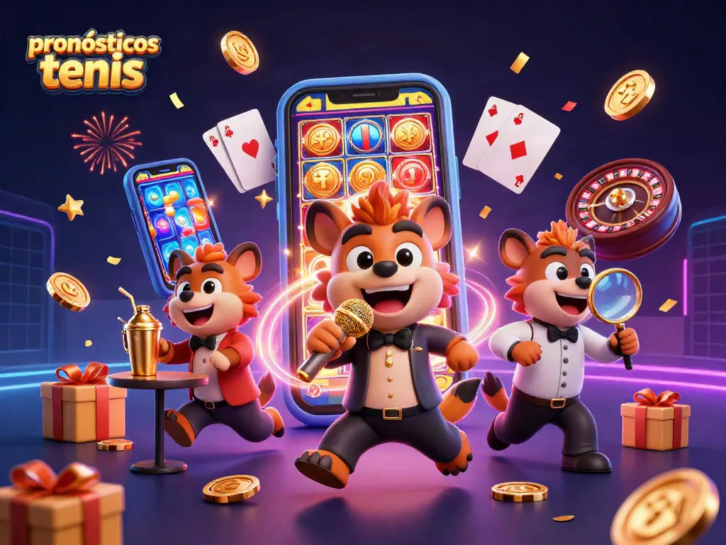 Pronósticos de tenis, escena animada de hienas en un casino con juego emocionante.