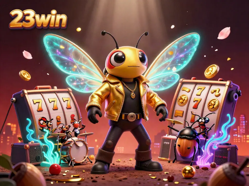 Experience the thrill of 23win with a vibrant 3D casino scene featuring a cicada rock star and dynamic game elements.