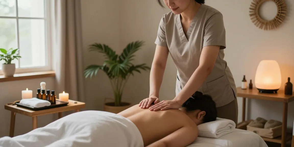 Relaxation scene featuring a professional therapist during a 광명출장마사지 session, emphasizing tranquility and comfort in a serene studio.