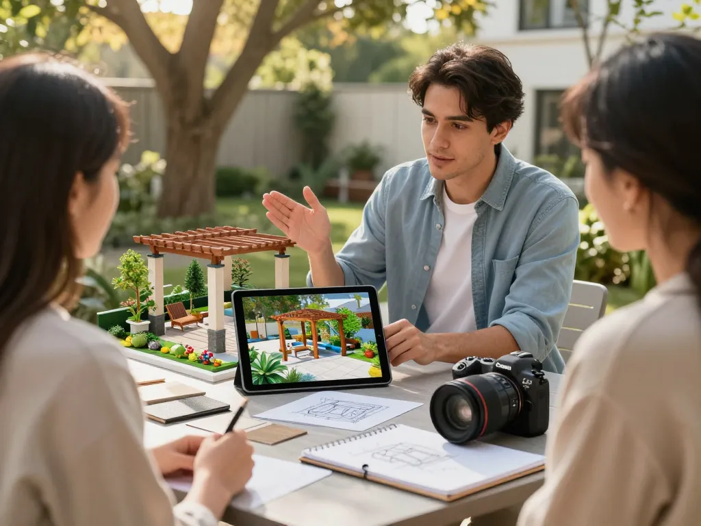 Configuración interactiva en 3D de presupuestos para pérgolas y verandas con un diseñador y clientes al aire libre.
