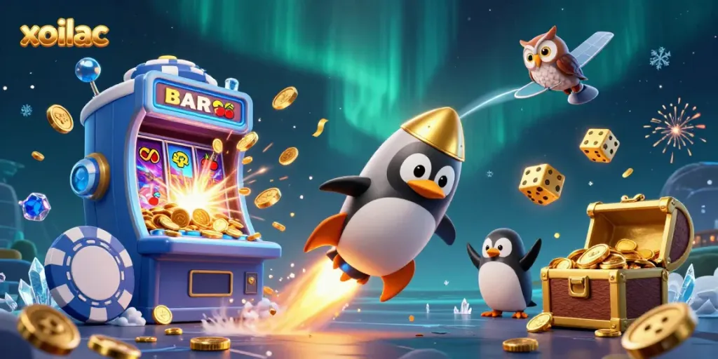 Xoilac showcases a golden penguin and vibrant casino elements in dynamic action.