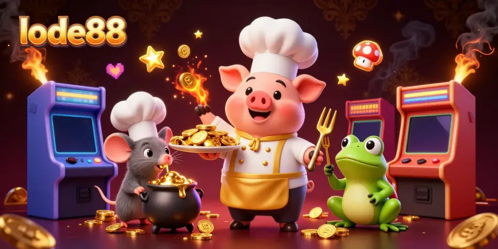Experience the thrilling world of lode88 with a dynamic illustration featuring a chef pig serving gold coins, capturing casino excitement.