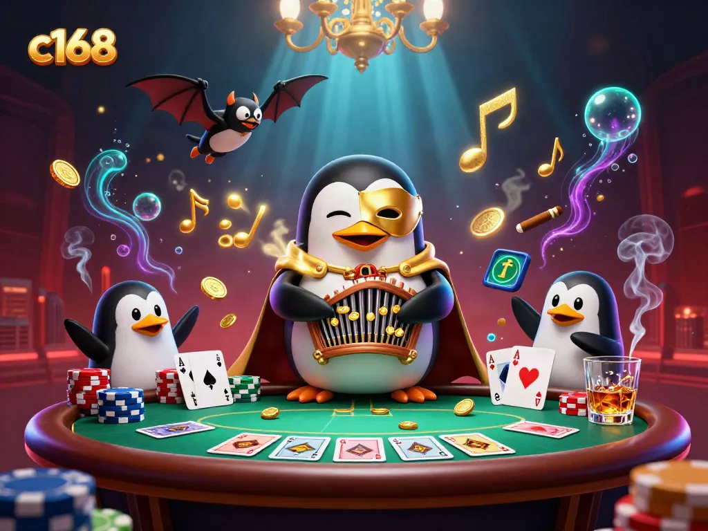Engaging c168 casino illustration showcasing a penguin playing an organ with golden coins and vibrant gaming elements.