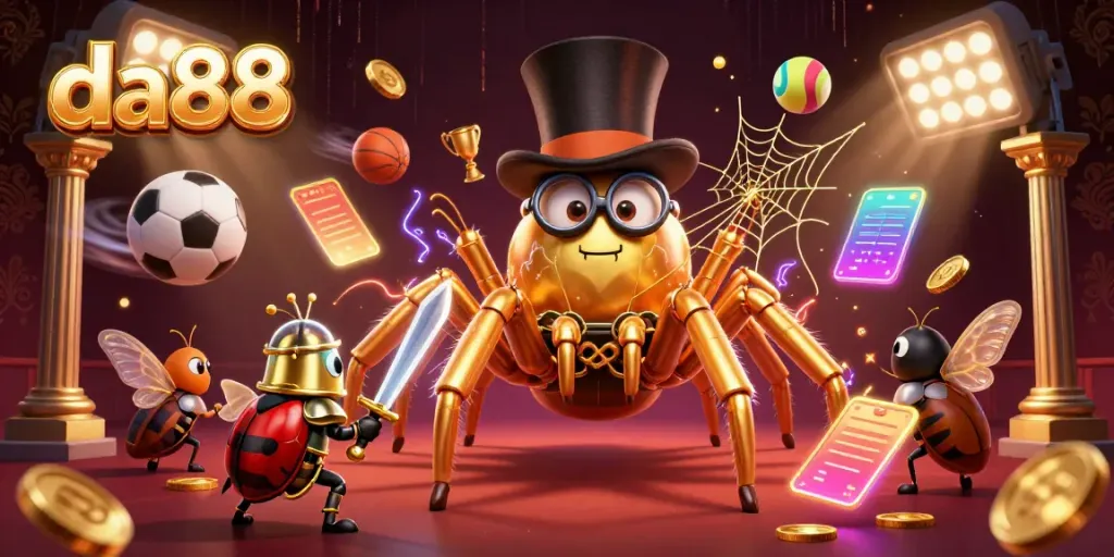 Experience thrilling bets at da88, featuring a golden tarantula and beetle knight amidst dynamic sports elements.
