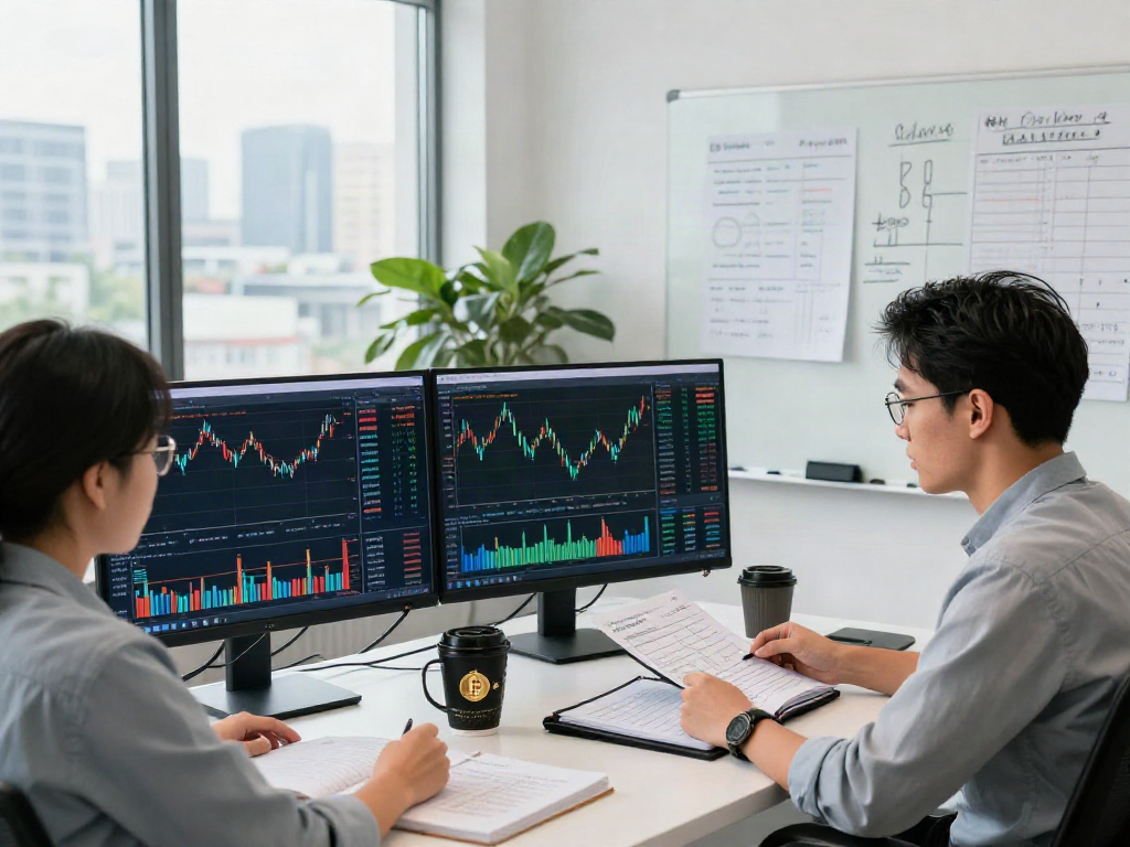 Los analistas revisan el precio bitcoin en pantallas con gráficos y estrategias de inversión.