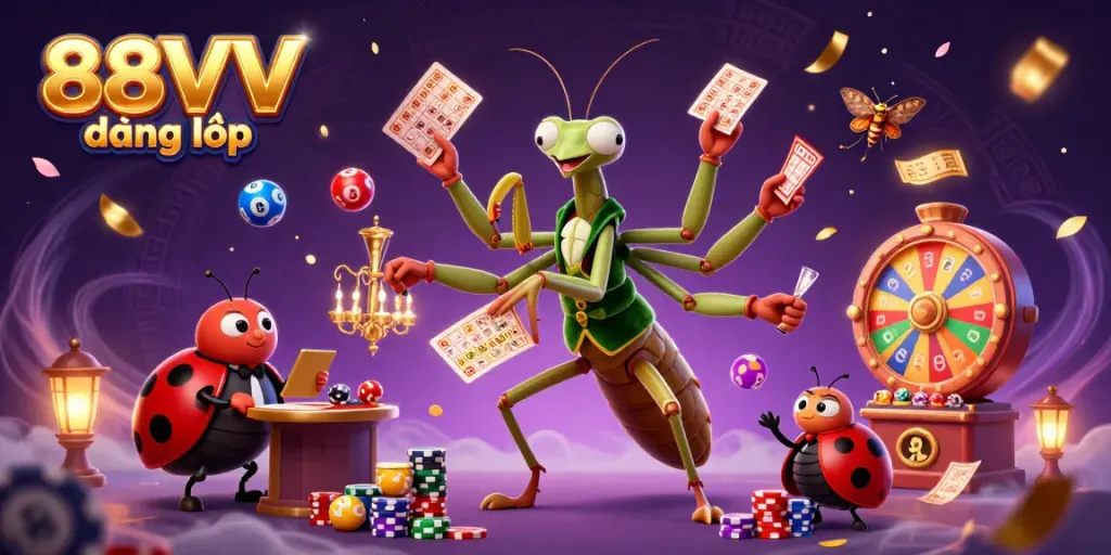 Engage in thrilling gameplay with 88VV đăng nhập featuring colorful lottery balls, dynamic characters, and festive casino elements.