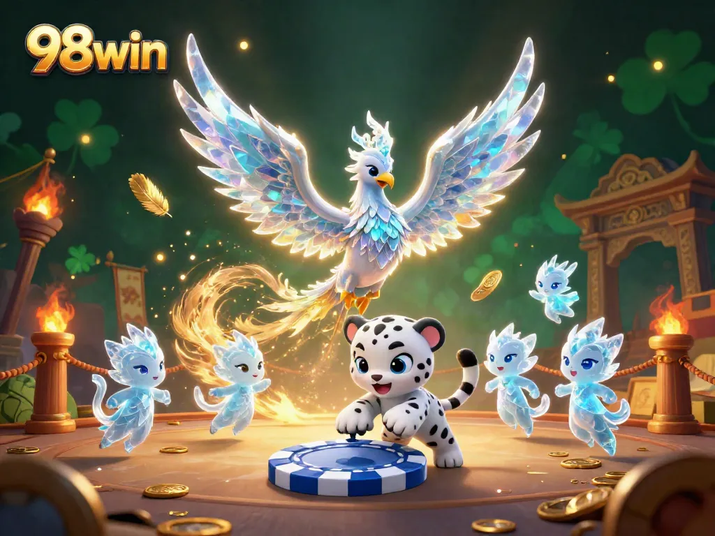 Experience the thrill of casino gaming with 98win's captivating ice phoenix and playful characters in this dynamic illustration.