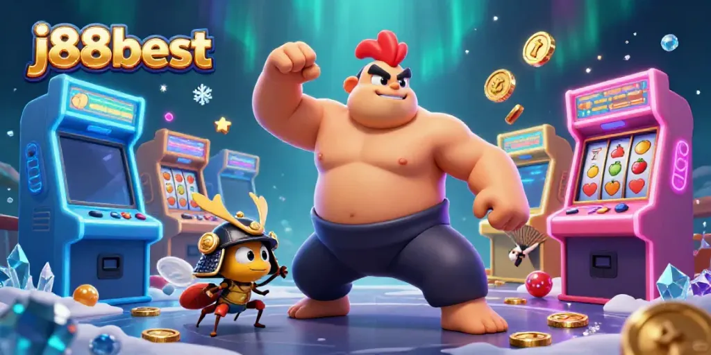 Experience superior gaming with j88best’s vibrant 3D casino scene featuring unique characters and exciting slot elements.