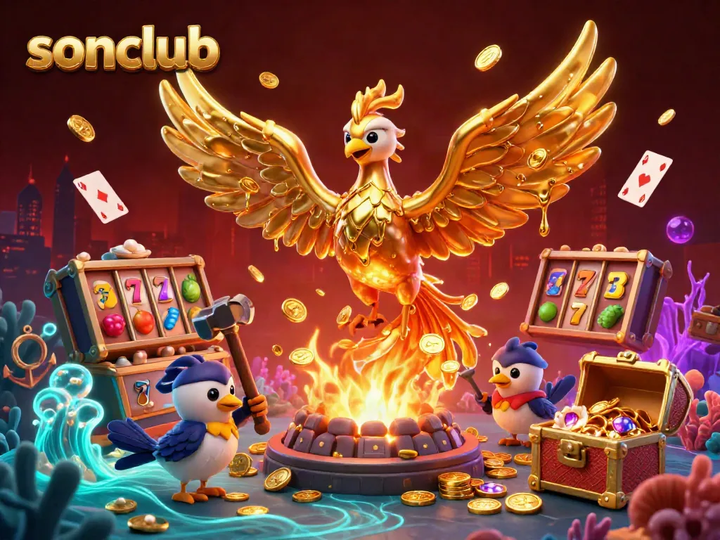 Experience thrilling gaming at sonclub with a molten golden phoenix and vibrant casino elements.