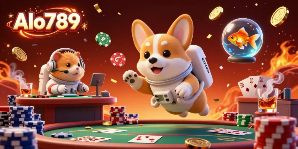 Alo789 offers a vibrant gaming experience with the astronaut corgi and animated elements in a cosmic casino atmosphere.