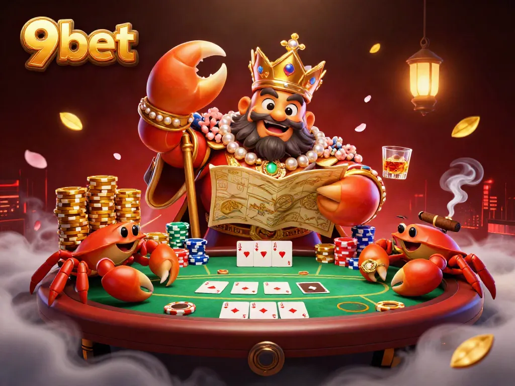 Engage in thrilling gaming at 9bet featuring a golden crab emperor amid casino elements.