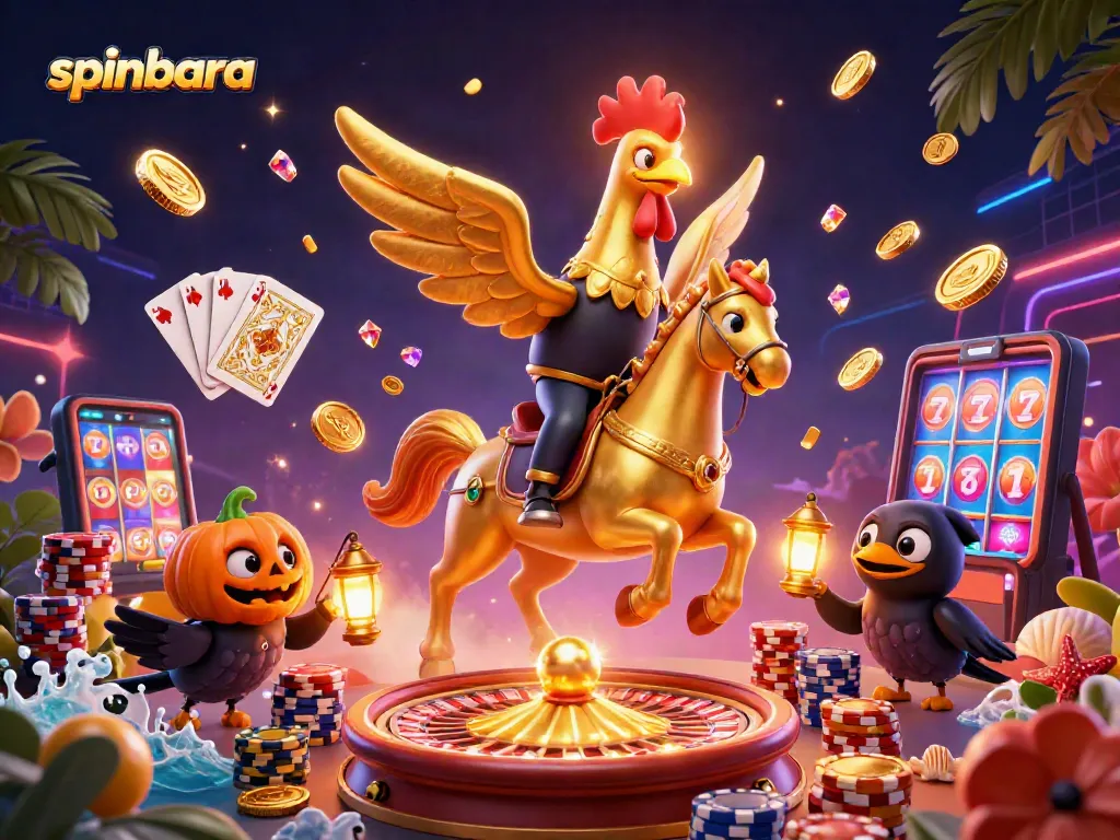 Experience the thrill of spinbara casino with a golden rooster and spectral horse in an exciting midnight setting.
