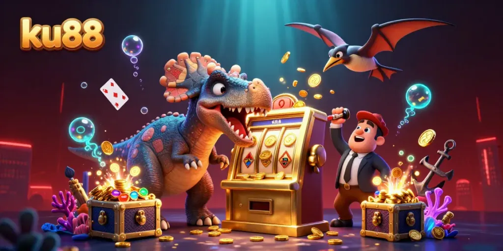 Experience the excitement of ku88 with a cartoon dinosaur winning jackpots and catching coins in a colorful casino scene.