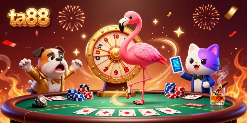 Win big at ta88 with a game show illustration featuring vibrant characters, poker elements, and dynamic casino action.