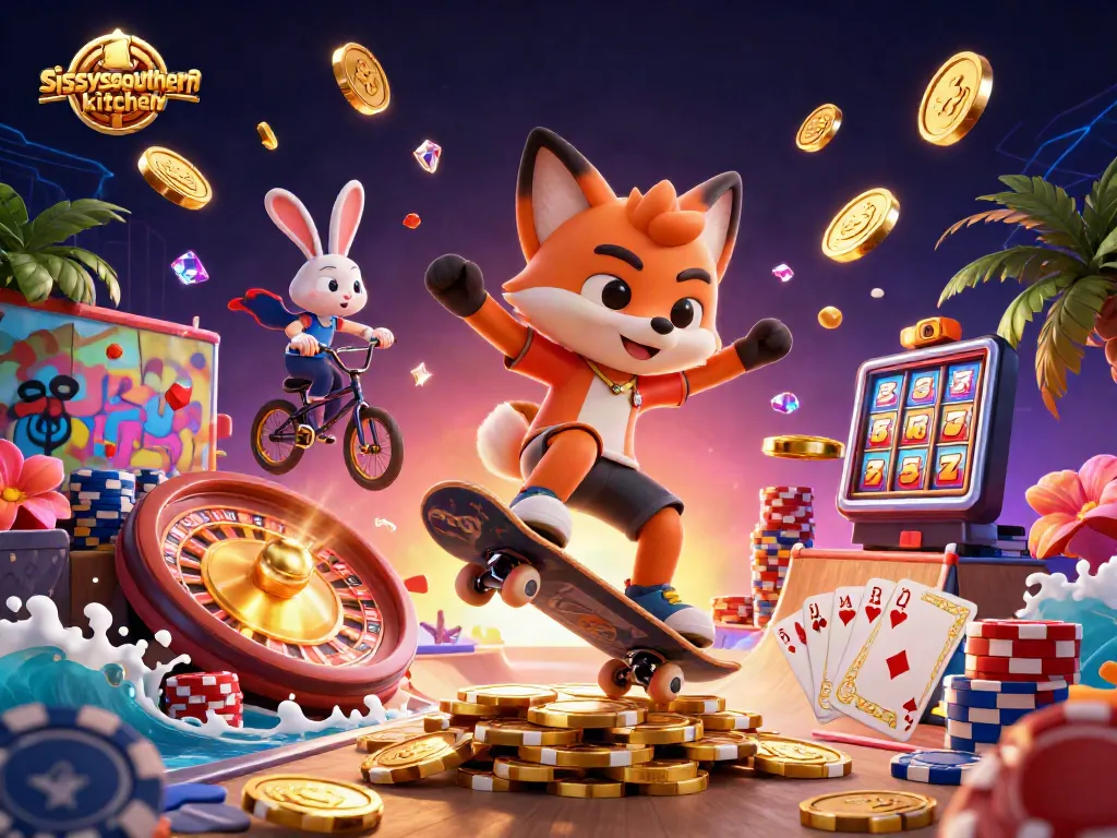 Sissyssouthernkitchen showcases a vibrant 3D illustration with characters engaged in dynamic gambling activities.