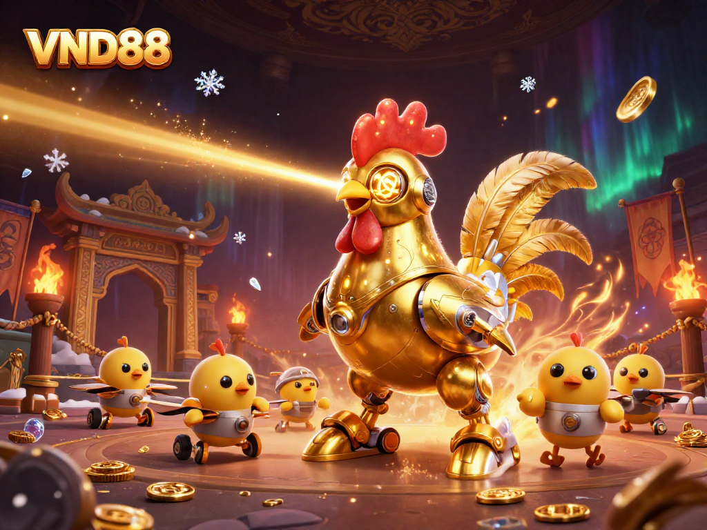 VND88 elevates your gaming experience with a vibrant illustration of a retro-futuristic rooster robot and baby chick drones.