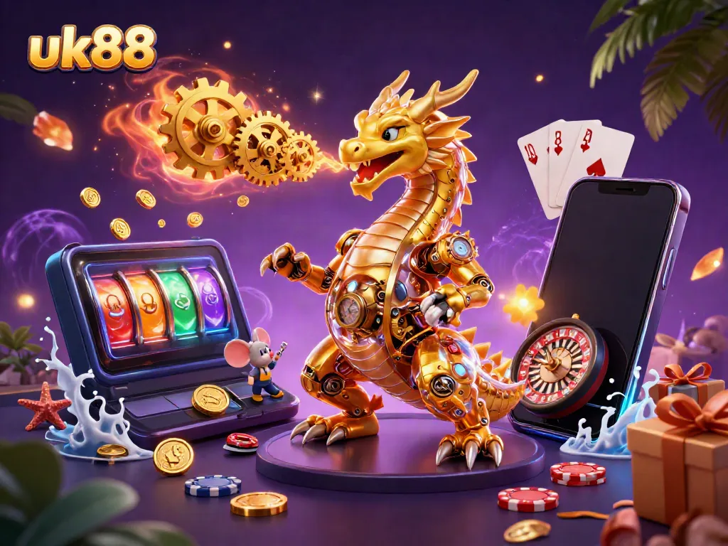 Experience thrilling gameplay at uk88 with an energetic 3D illustration of a dragon and gaming elements.