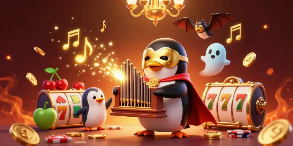 Hit club features a lively 3D gaming scene with a penguin playing an organ shooting coins.