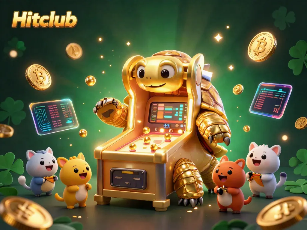 Experience the excitement at Hitclub with a vibrant casino-themed scene featuring a giant gold tortoise and lively game elements.