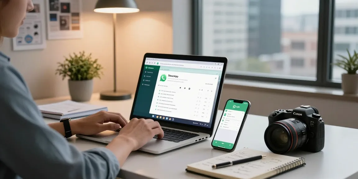 Using WhatsApp電腦版 in a modern office workspace with lively city view.