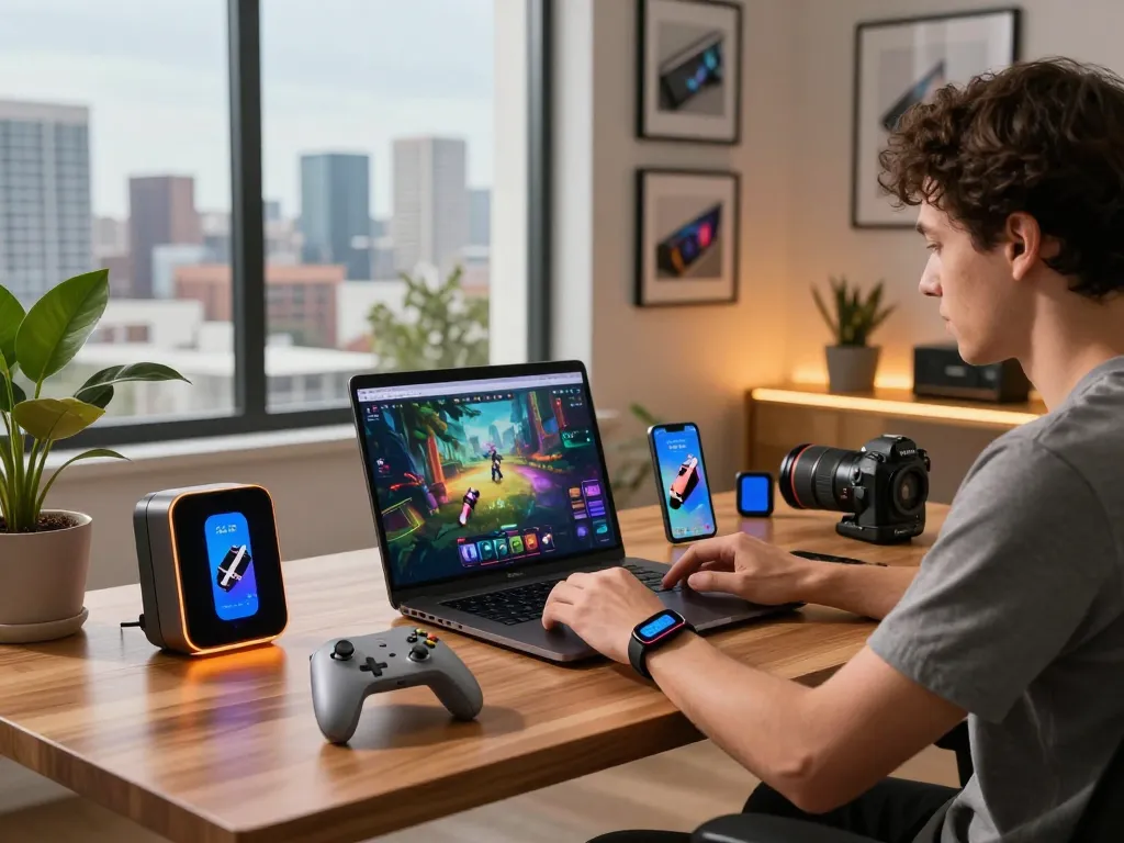 Person using smart tech gadgets like Bluetooth controller and fitness tracker in a modern home office.