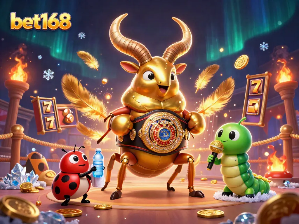Experience an electrifying showdown at bet168 with a giant beetle boxing champion amidst glimmering casino elements.