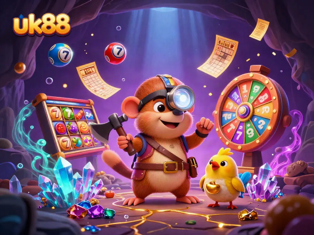 Engage with uk88's thrilling casino adventure filled with vibrant slot reels and treasure hunting characters.