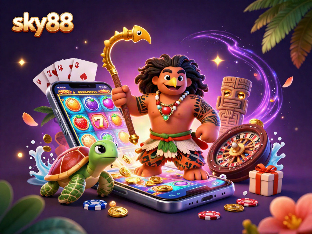 Engage with sky88's dynamic slot experience featuring vibrant reels and playful characters.