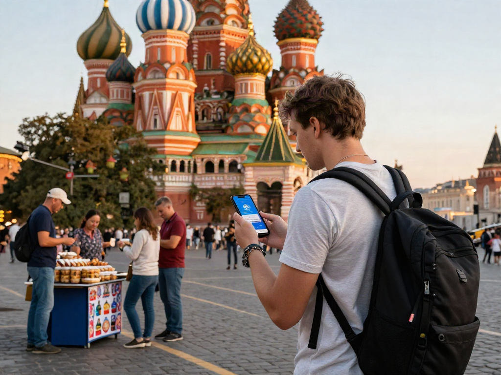 Turista utilizando https://payinrussia.com/ para pagos en Rusia en un ambiente vibrante.