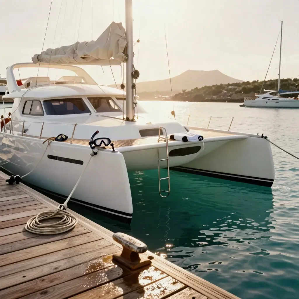 Catamarán blanco listo para salir, con máscaras de snorkel y mar turquesa en un muelle canario.