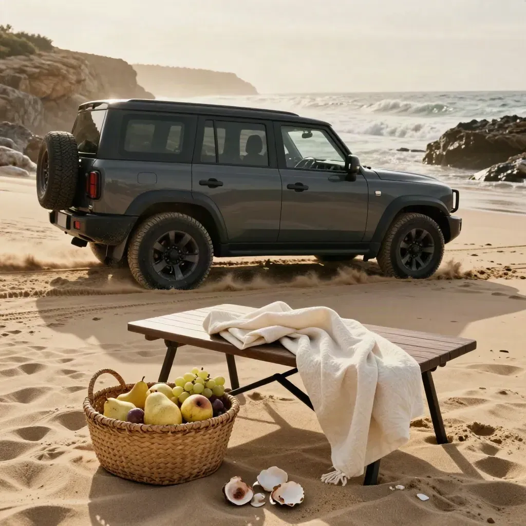 SUV oscuro junto a una cala escondida, con mesa baja, toalla doblada y cesta de frutas sobre arena.