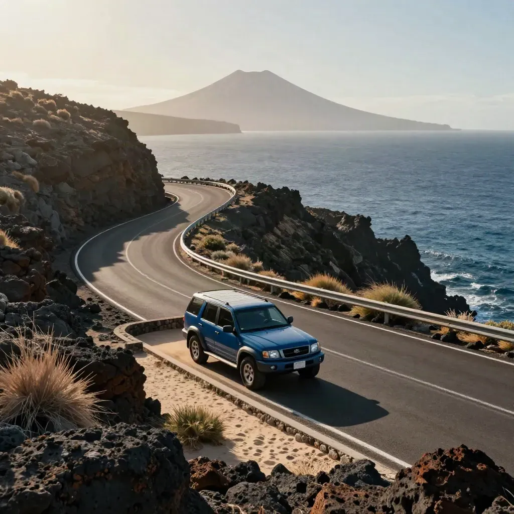 Carretera costera con SUV de excursión, acantilados y volcán al fondo, luz cálida.