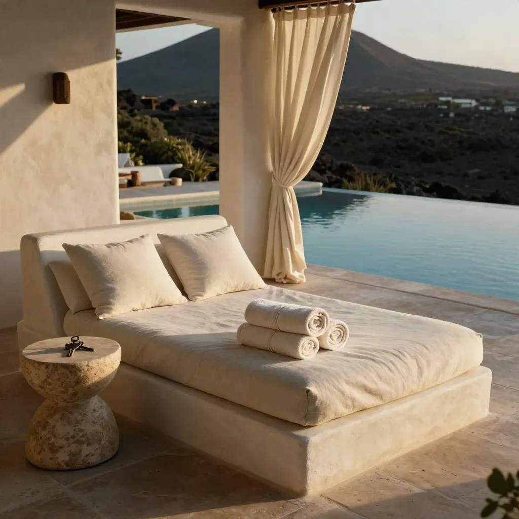 Terraza de villa blanca preparada, con cama de día, toallas, llaves y piscina en calma.