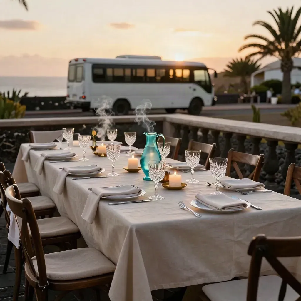 Mesa larga exterior preparada al atardecer con copas, velas y un autobús de traslado al fondo.
