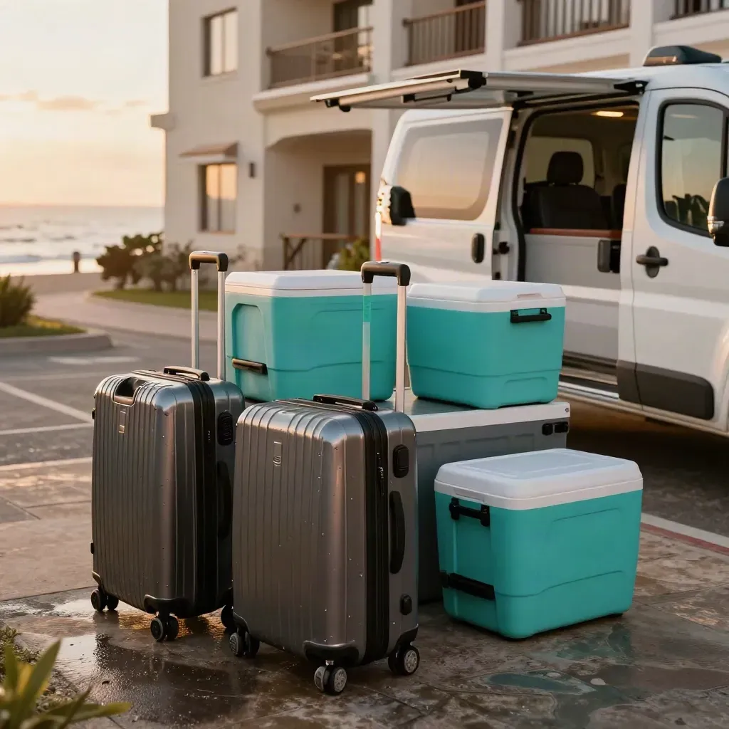 Cuatro maletas y dos coolers junto a una furgoneta premium frente a un hotel costero.