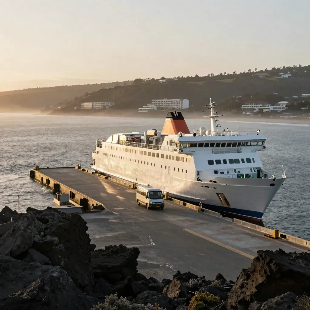 Ferry, minibús y hotel costero en una isla volcánica, con niebla atlántica y luz dorada.
