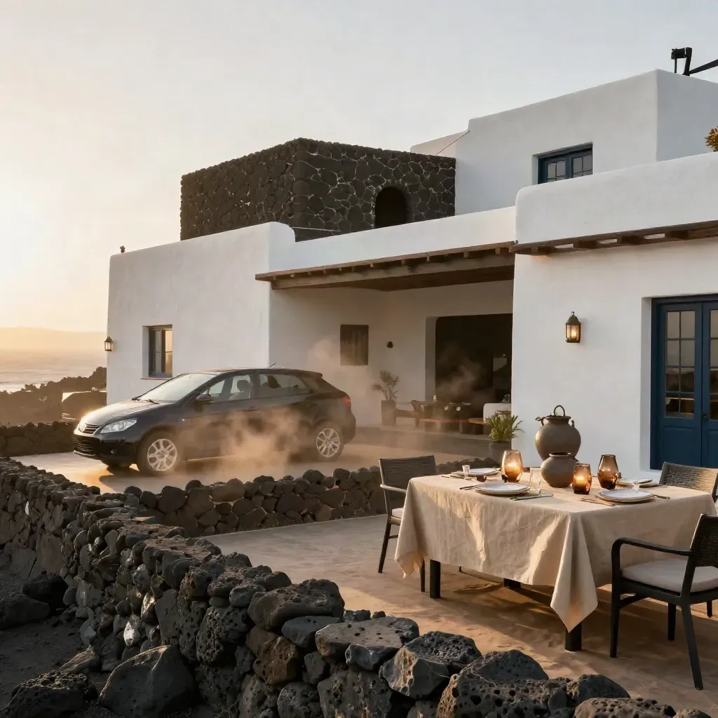 Villa blanca con piedra volcánica, coche oscuro y mesa de cena frente a un jameo en Lanzarote.