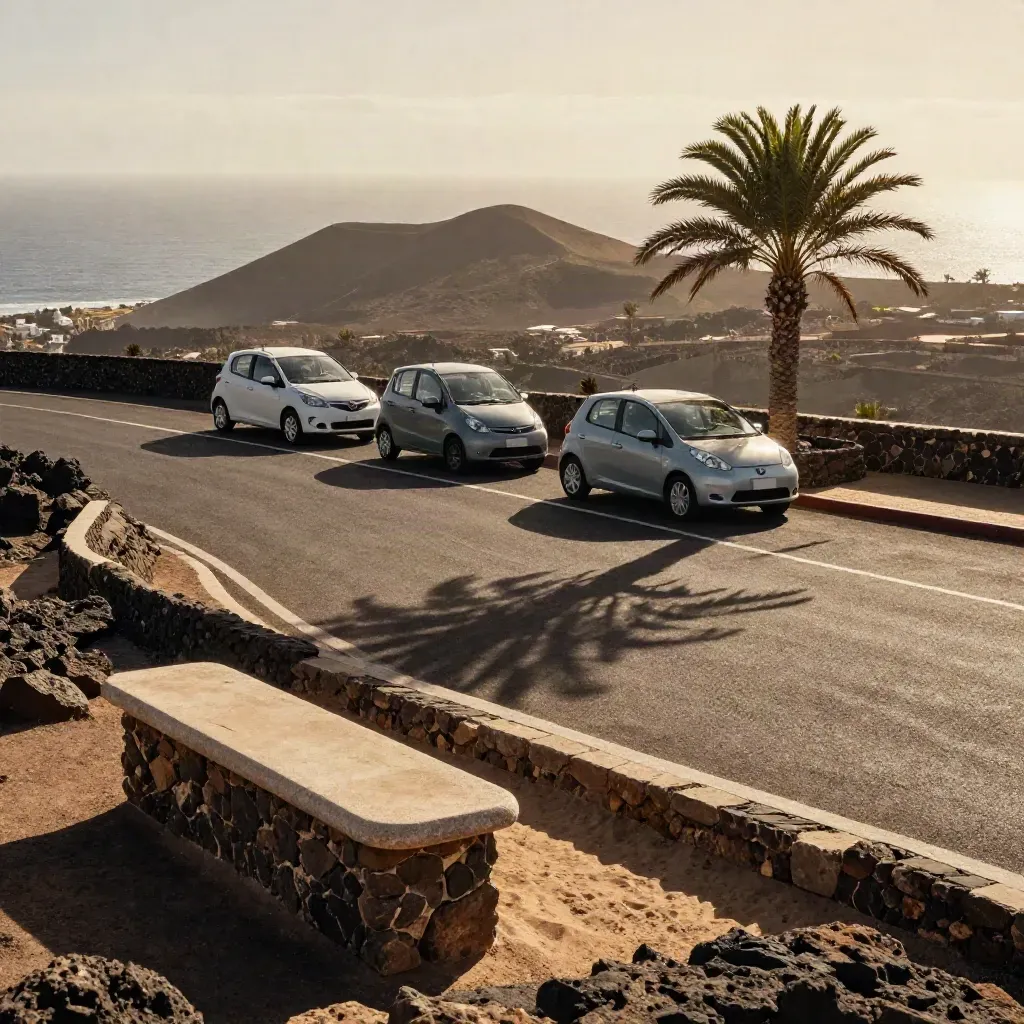 Mirador accesible en Canarias con dos coches compactos, banco de piedra y sombra de palmera