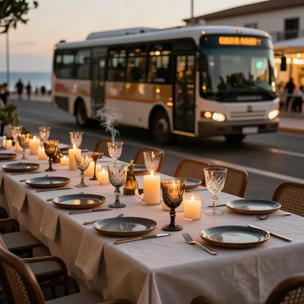Cena a la luz de velas con copas oscuras y minibús nocturno al fondo en Canarias