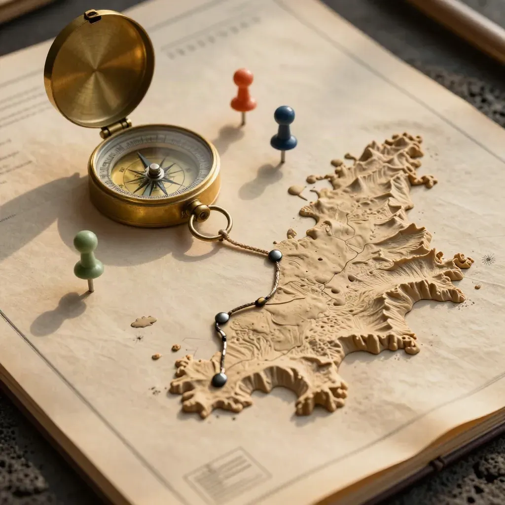 Compás náutico, pines y cordel trazando una ruta sobre mapa en relieve, luz dramática.