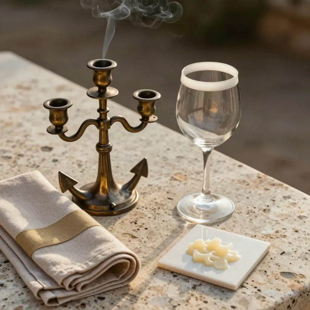Candelabro bajo, lino plegado, copa vacía y cerámica con cera sobre travertino.