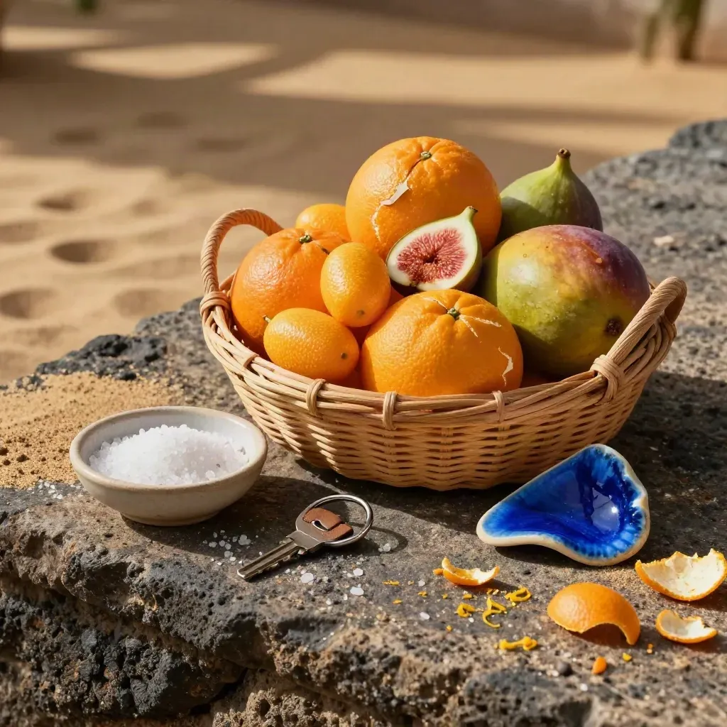 Cesta de fruta canaria, sal marina, llavero de hotel y cerámica artesanal sobre piedra volcánica.
