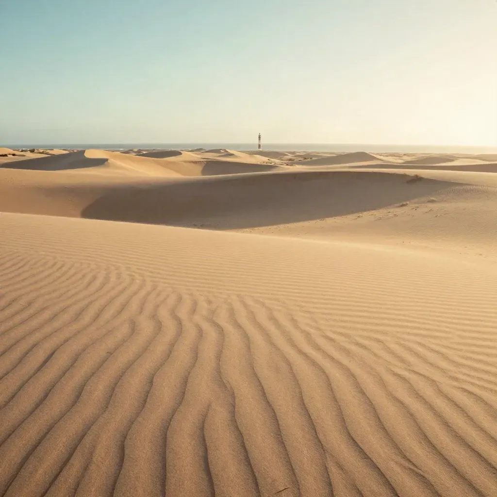 Dunas de Maspalomas al atardecer con el faro y el Atlántico arriba del encuadre.