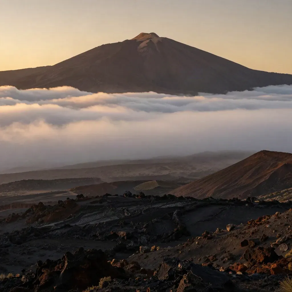 Teide sobre un mar de nubes con laderas volcánicas y luz cálida en Tenerife