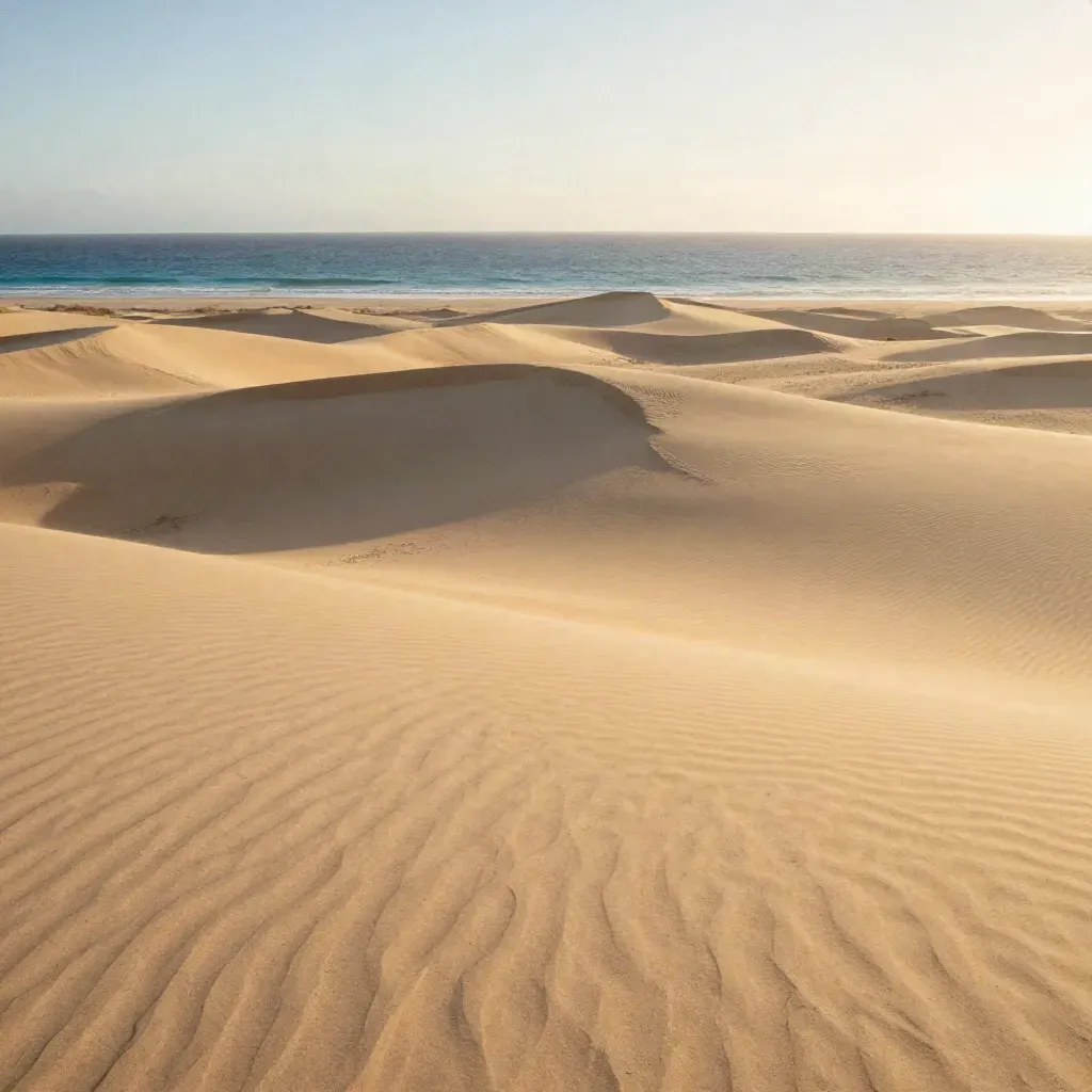 Dunas de Fuerteventura con mar lejano y mucho espacio tranquilo para texto.