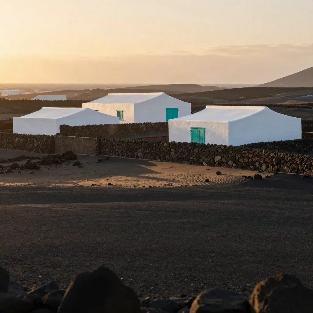 Casas blancas de Lanzarote sobre lava negra con cielo rosado y luz dorada