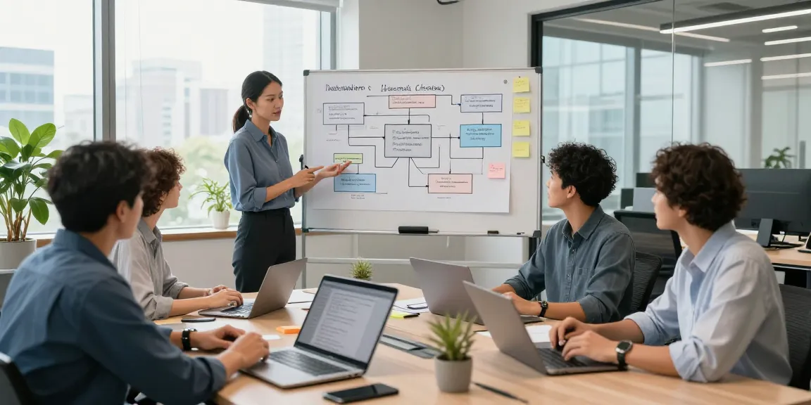 Build internal tools with AI in a collaborative workspace where diverse professionals brainstorm and design solutions.
